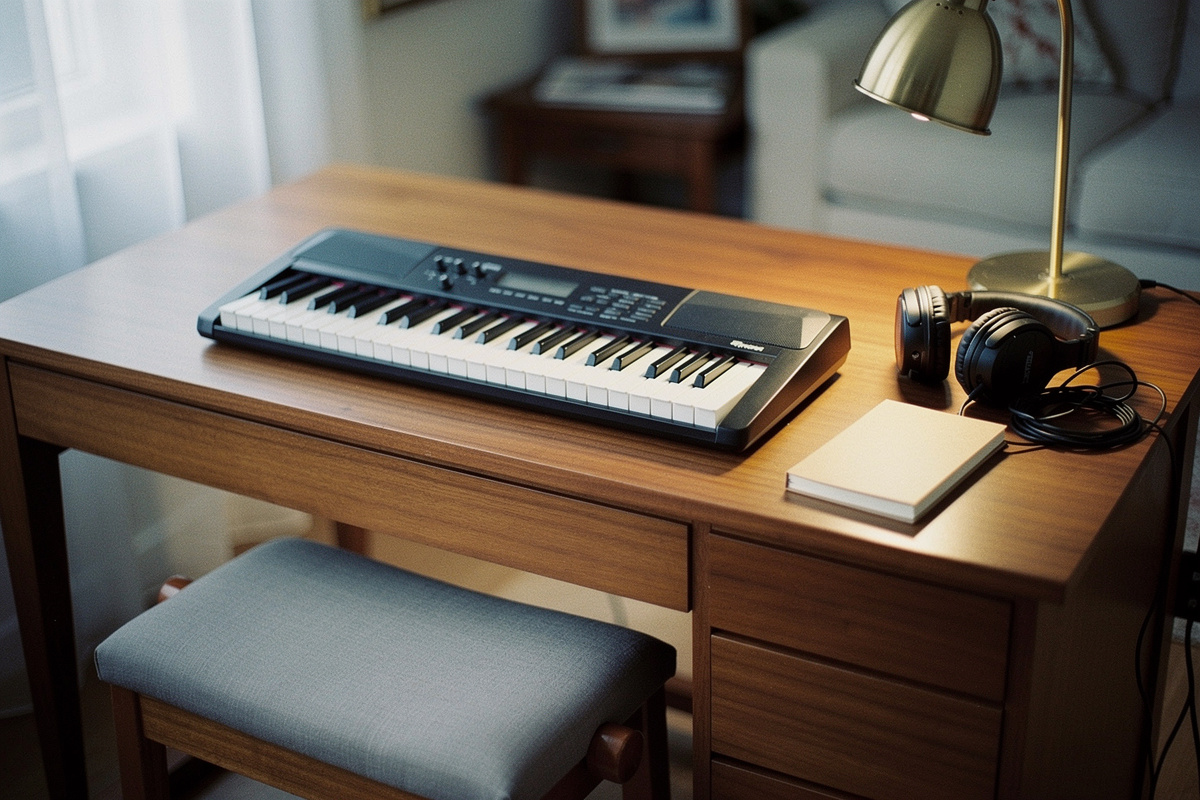 A beginner's digital keyboard set up on a wooden desk