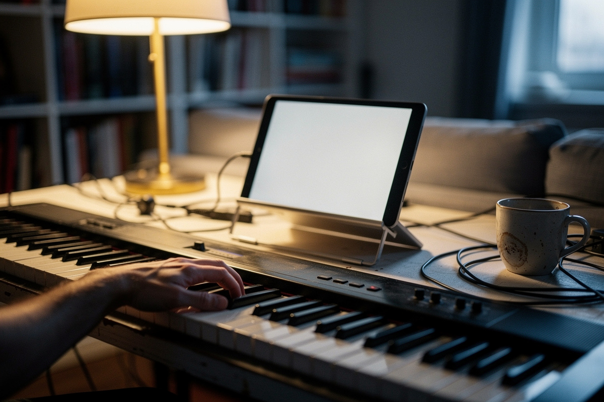 A tablet on a stand behind the keys of a digital piano