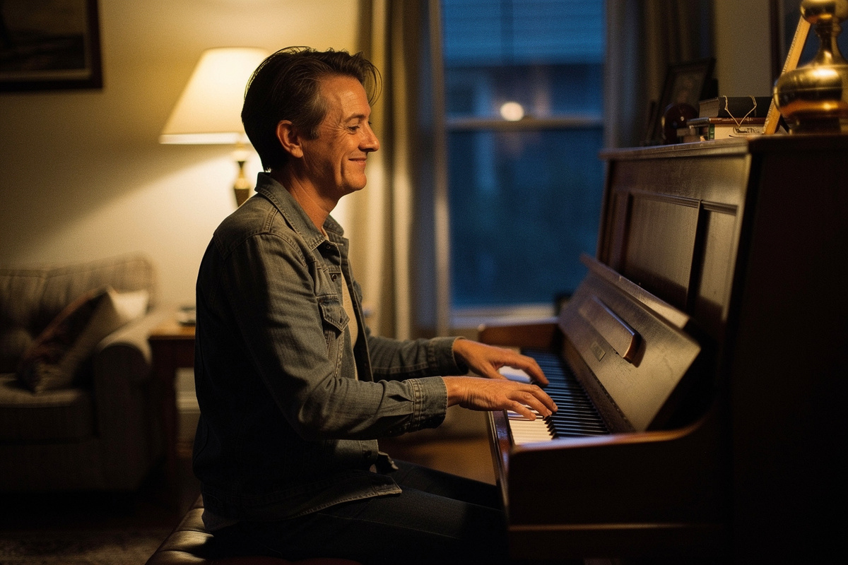 An adult playing a simple melody on an upright piano at dusk