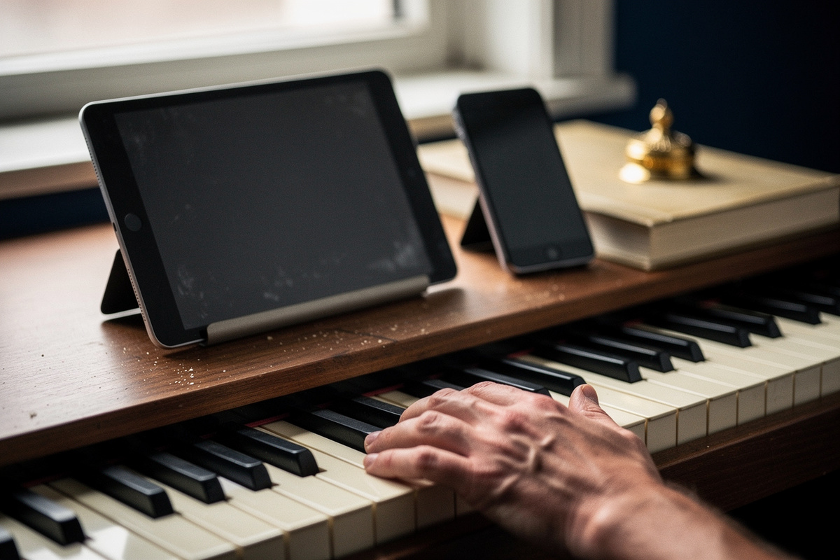 A tablet and a phone side by side beside a digital piano keyboard