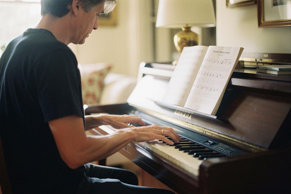 An adult sitting at an upright piano at home in morning light