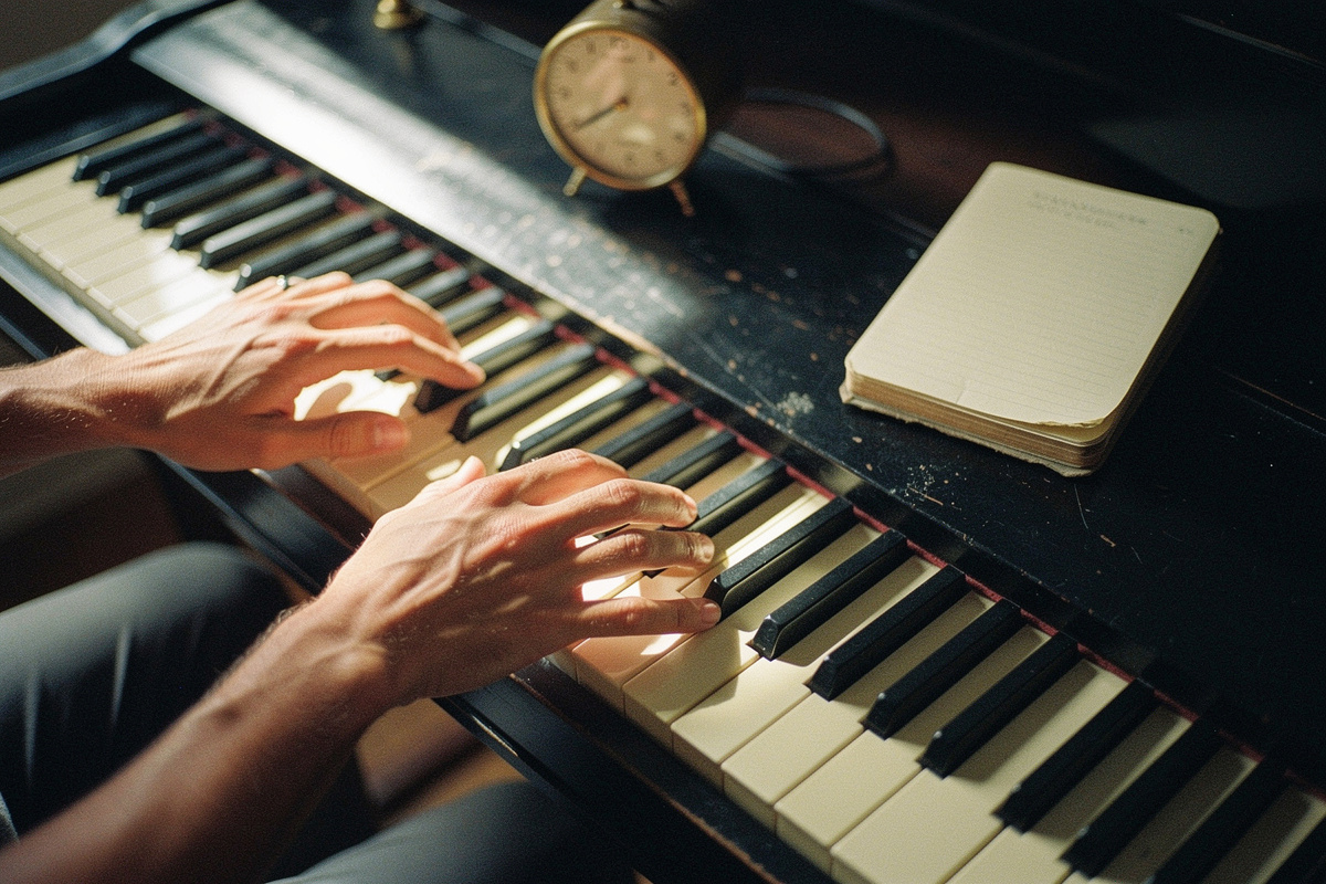 Adult hands at a keyboard beside a clock and a practice notebook