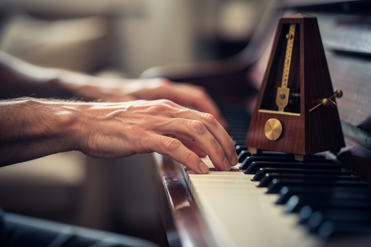 Adult hands practising slowly beside a wind-up metronome