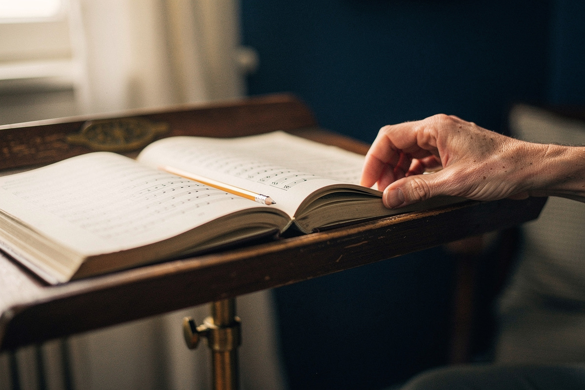 An open music book on a piano music desk with a pencil