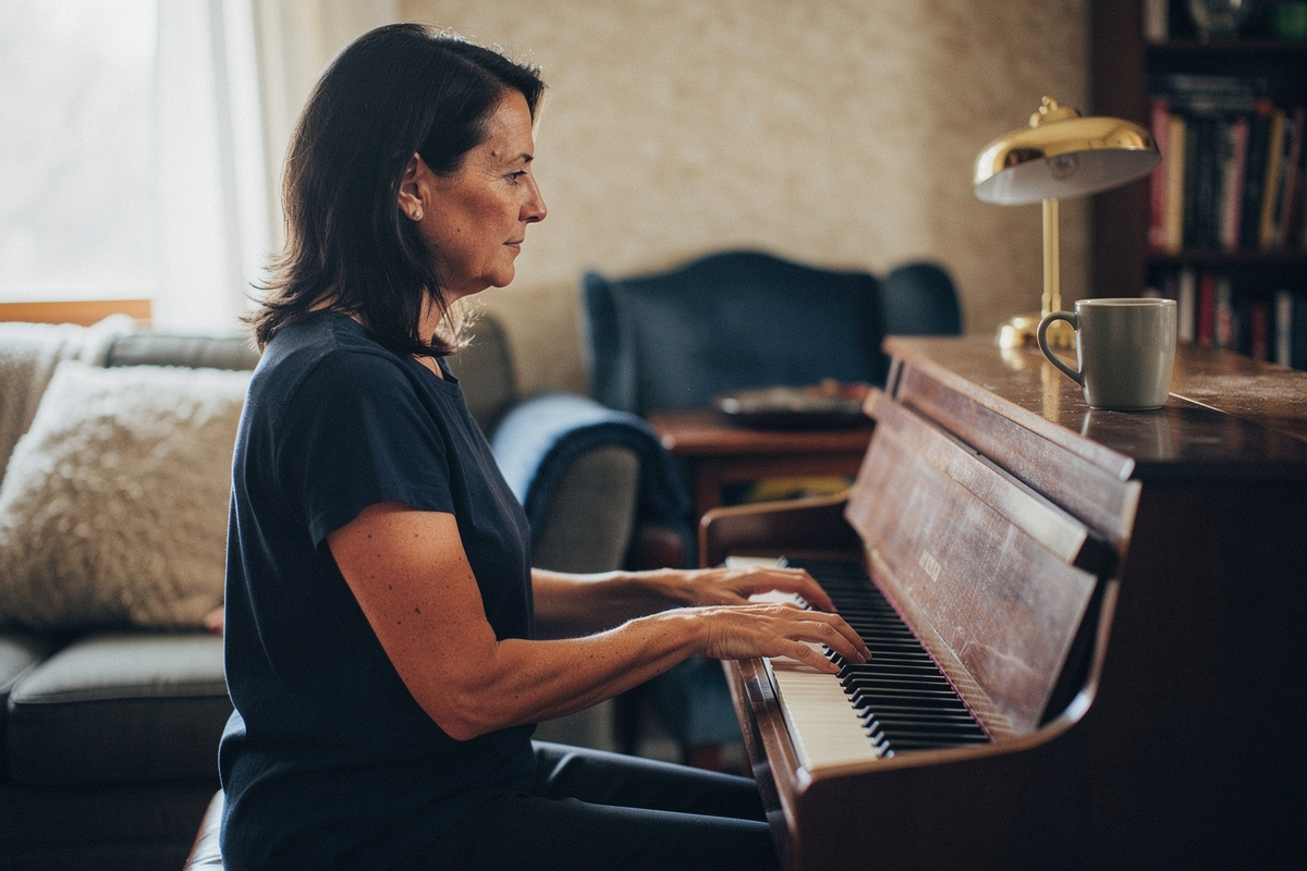 An adult beginner sitting at an upright piano at home