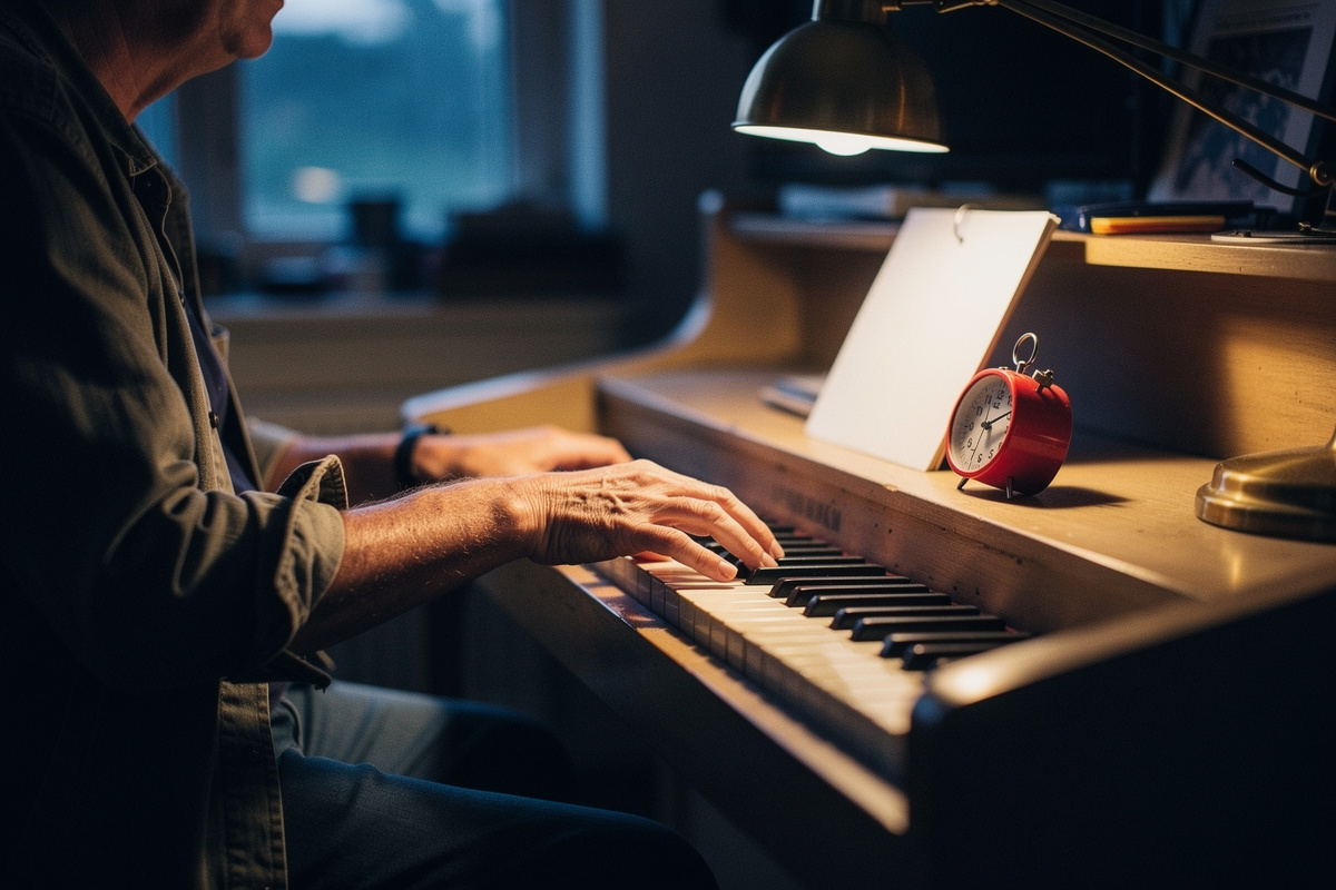 A home practice station with a timer and a practice card