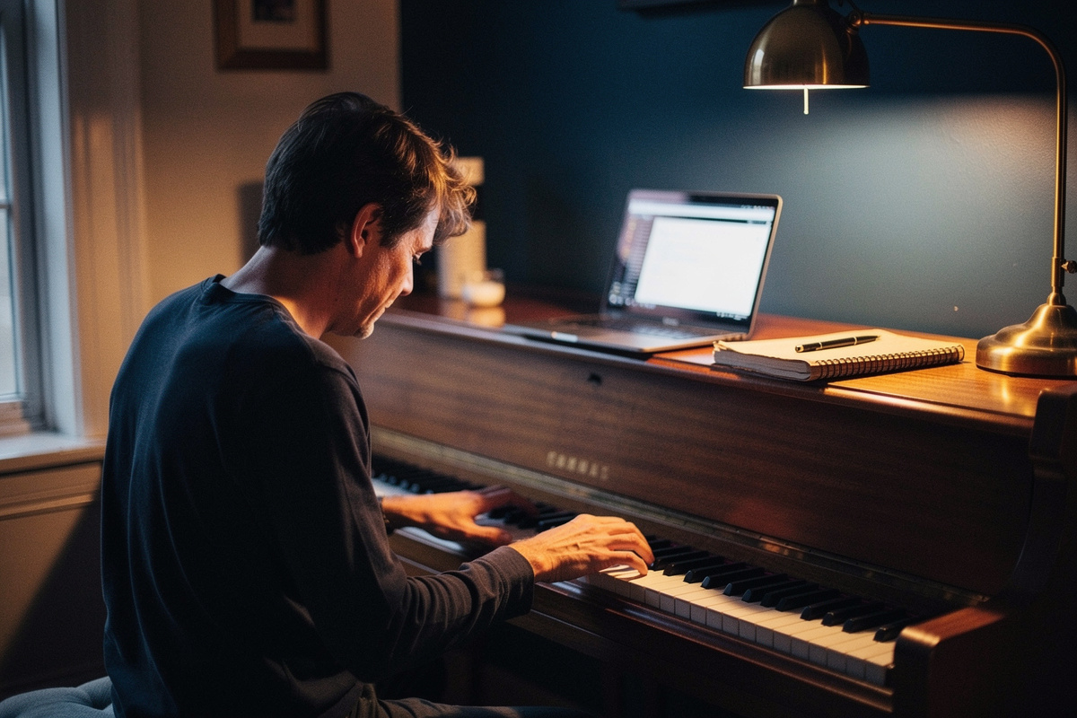 A laptop and notebook on an upright piano in a home study