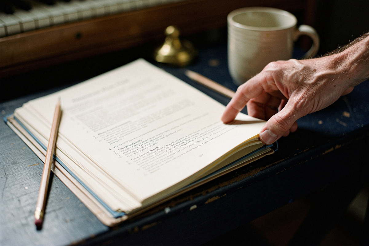 The printed 30-Day Adult Beginner Piano Plan open on a piano bench
