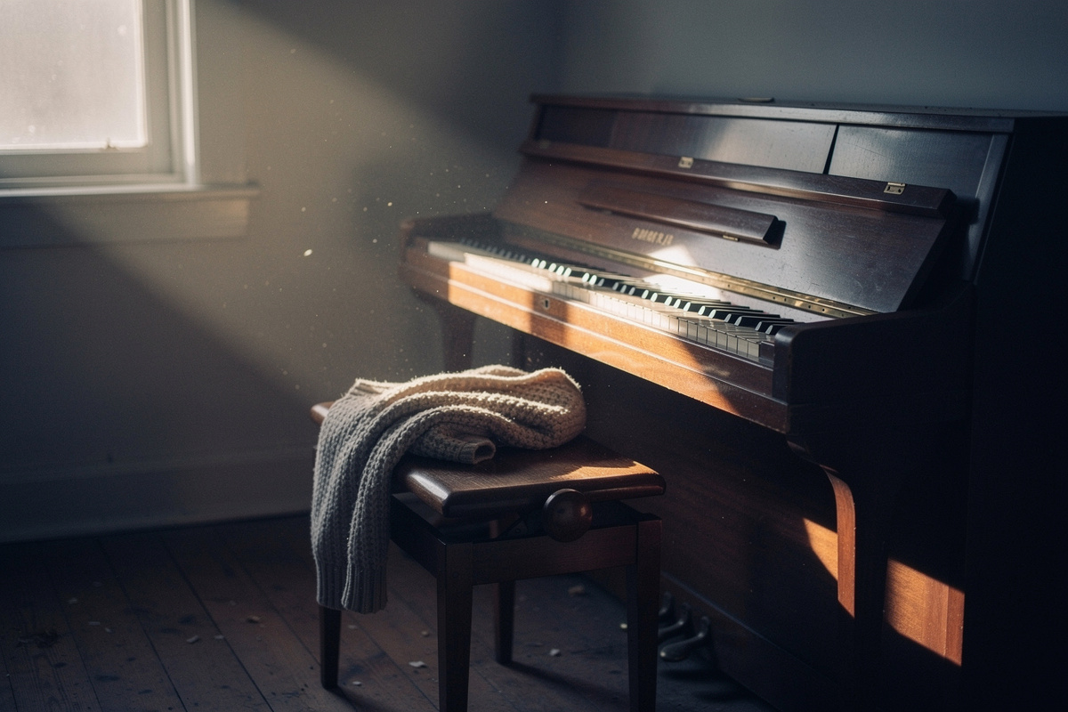 A piano bench pulled out from an upright piano at dawn