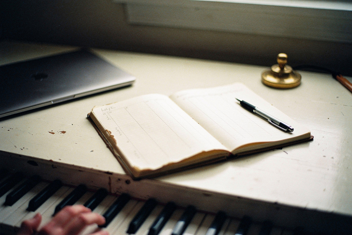 A notebook and pen for comparing piano learning tools