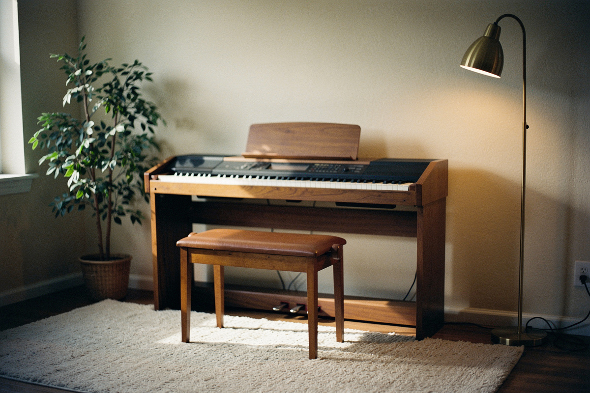 A digital piano set up in a quiet corner of a home