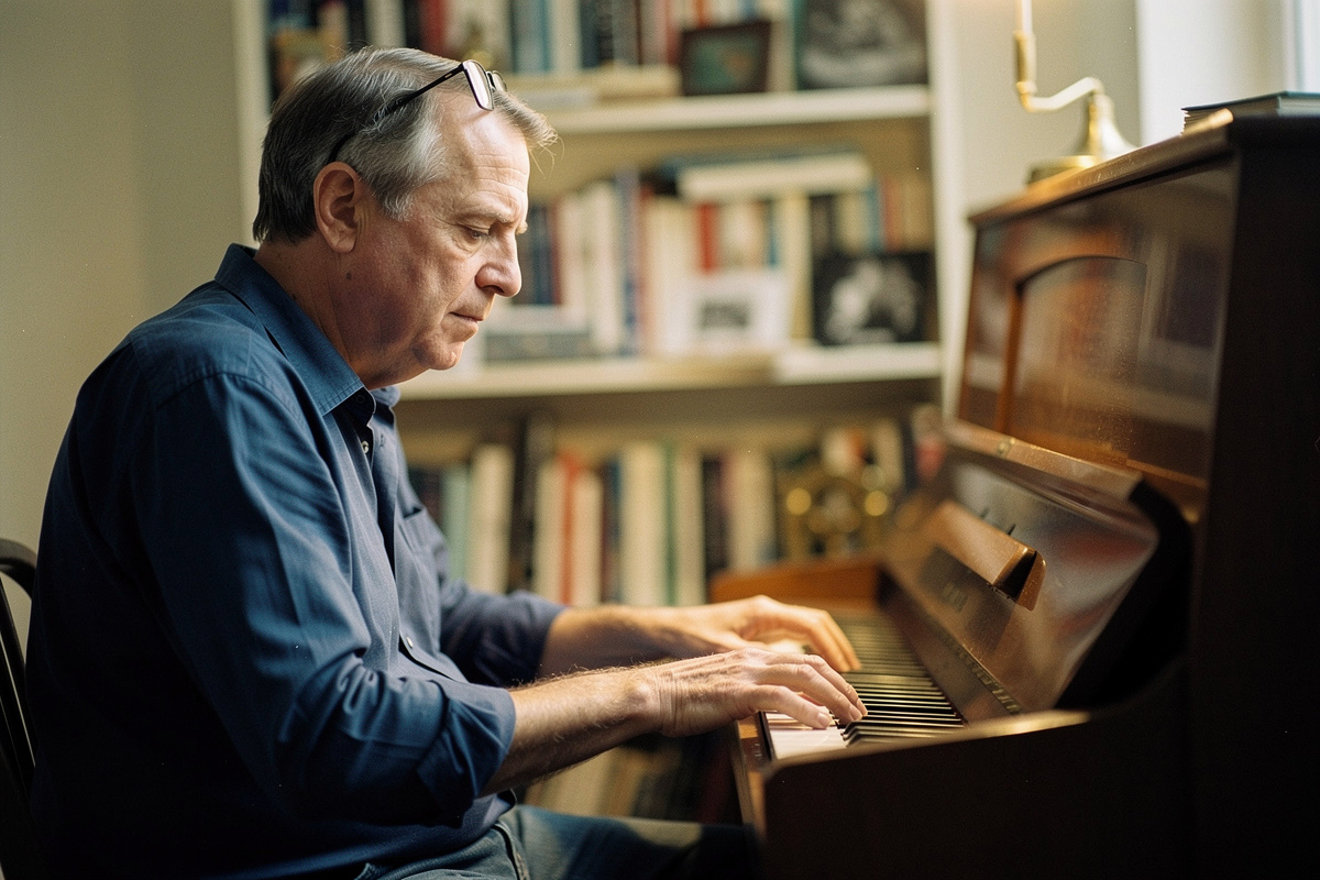 A man in his sixties playing an upright piano